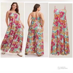 BloomChic Jumpsuit Floral Retro Sleeveless Wide Leg Adjustable Strap Pockets 26W